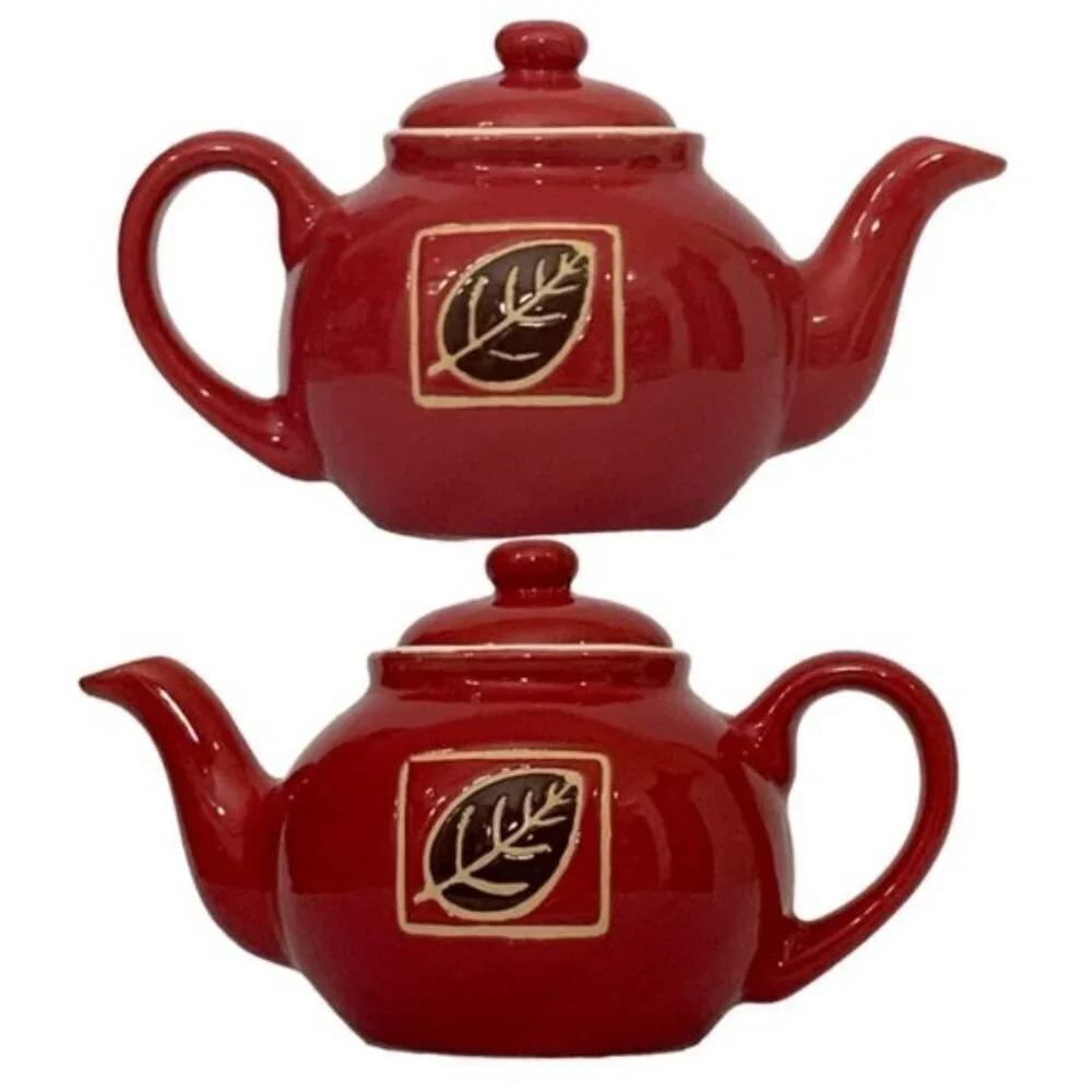 Teapot Vintage Hand Painted Ceramic Multipurpose Mini Earth Tone Rustic Red